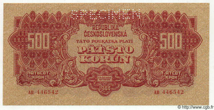 500 Korun Spécimen CZECHOSLOVAKIA  1944 P.049s UNC