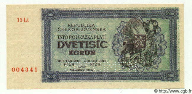 2000 Korun Spécimen CZECHOSLOVAKIA  1945 P.050As UNC