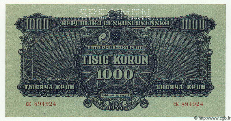1000 Korun Spécimen CZECHOSLOVAKIA  1944 P.050s UNC