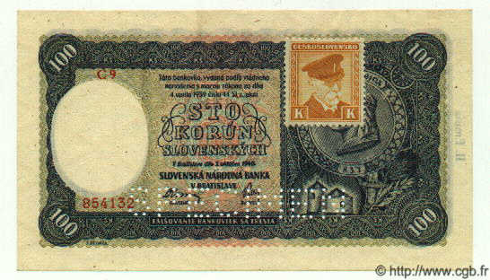 100 Korun Spécimen CECOSLOVACCHIA  1945 P.052s q.FDC
