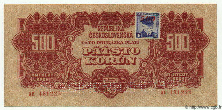 500 Korun Spécimen CZECHOSLOVAKIA  1945 P.055s XF+