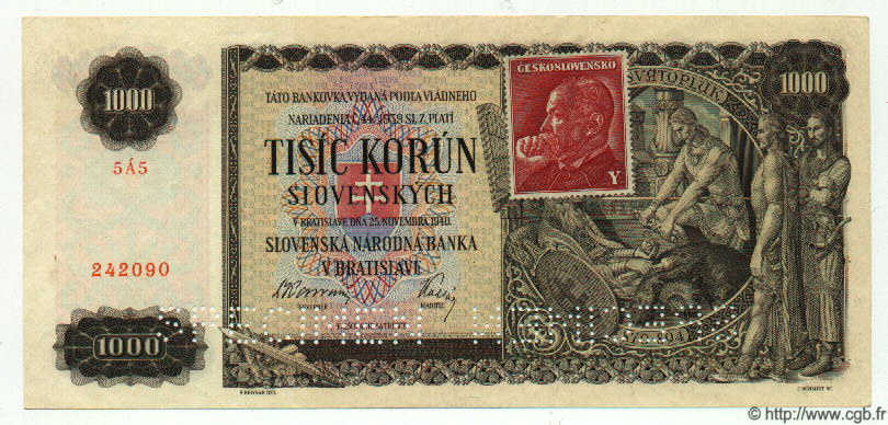 1000 Korun Spécimen CECOSLOVACCHIA  1945 P.056s AU
