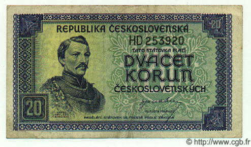 20 Korun CZECHOSLOVAKIA  1945 P.061 VF+