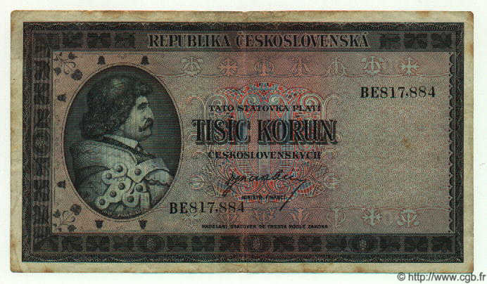 1000 Korun TSCHECHOSLOWAKEI  1945 P.065a S to SS