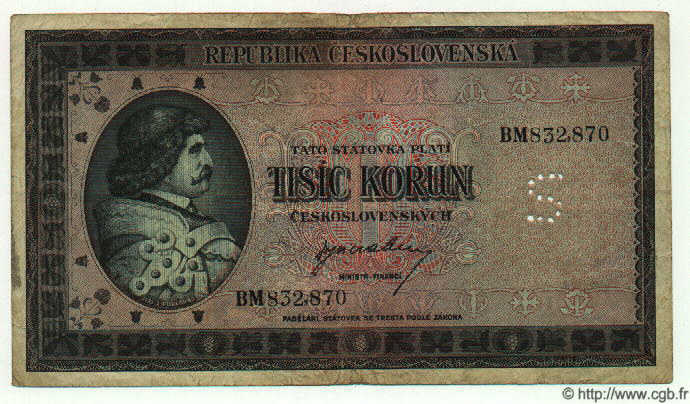 1000 Korun Spécimen CECOSLOVACCHIA  1945 P.065s MB
