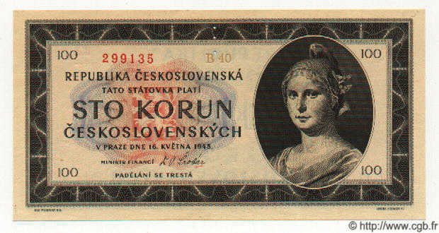 100 Korun Spécimen CECOSLOVACCHIA  1945 P.067s FDC