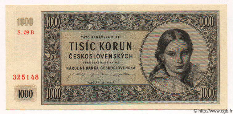 1000 Korun CZECHOSLOVAKIA  1945 P.074a UNC