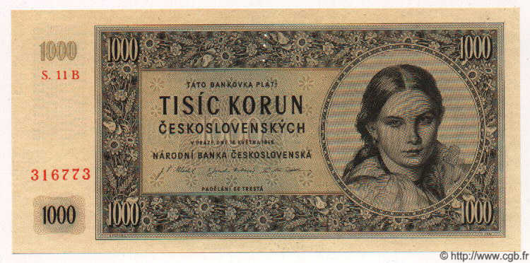 1000 Korun Spécimen TSCHECHOSLOWAKEI  1945 P.074as ST