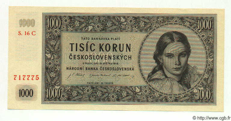 1000 Korun CZECHOSLOVAKIA  1945 P.074c UNC