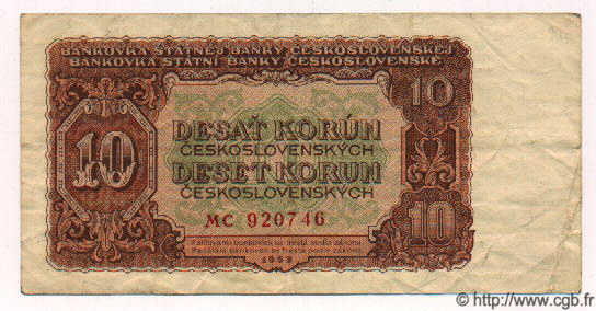 10 Korun CZECHOSLOVAKIA  1953 P.083a VF-