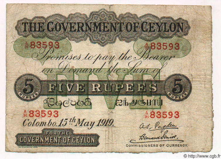 5 Rupees CEYLON  1919 P.11b VG