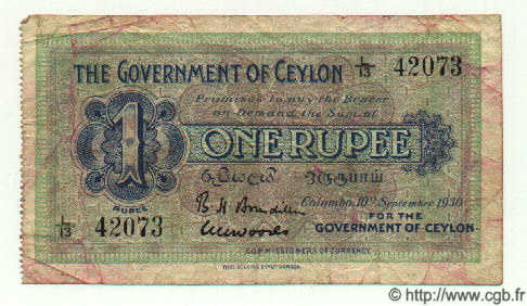 1 Rupee CEYLON  1930 P.16b MB