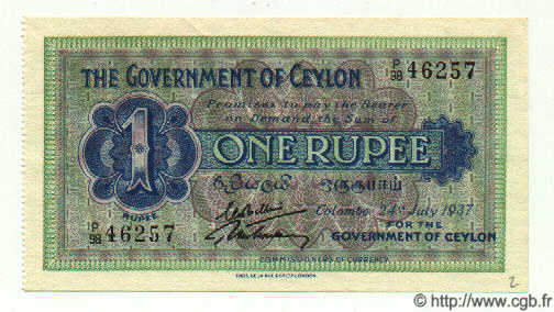 1 Rupee CEYLON  1937 P.16b AU