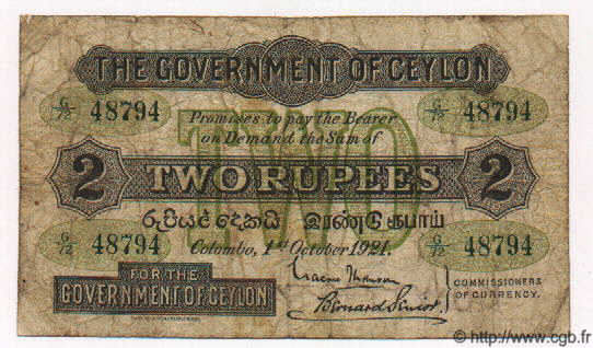 2 Rupees CEYLON  1921 P.18 VG