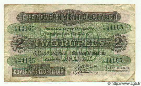 2 Rupees CEYLON  1937 P.21b MB a BB