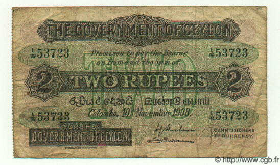 2 Rupees CEYLON  1938 P.21b fS