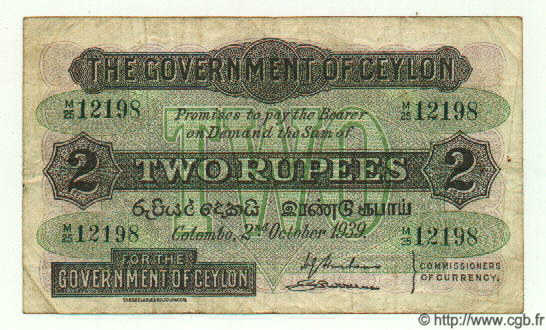 2 Rupees CEYLON  1939 P.21b F - VF