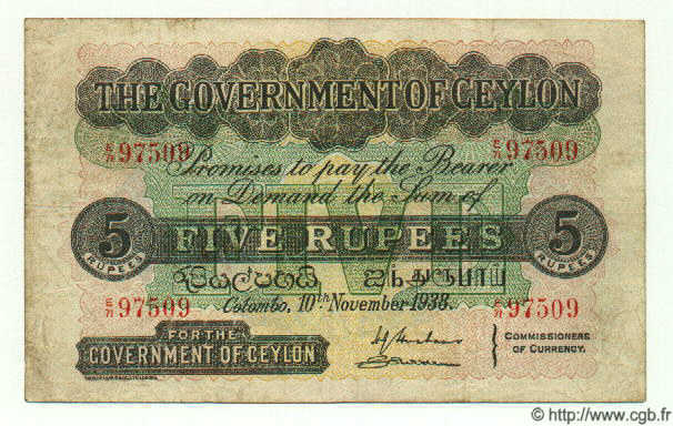 5 Rupees CEYLON  1938 P.23 BB
