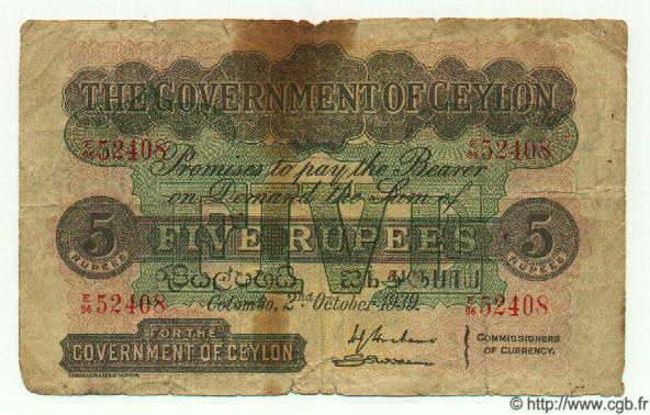 5 Rupees CEYLON  1939 P.23 GE