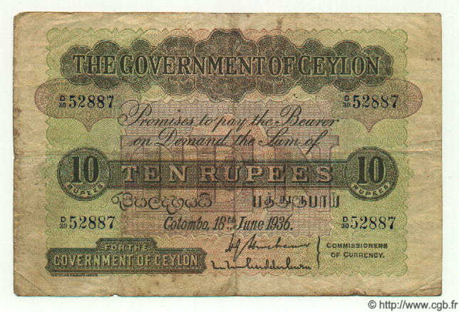 10 Rupees CEYLON  1936 P.25 F
