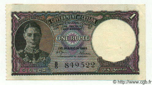 1 Rupee CEYLON  1949 P.34 AU
