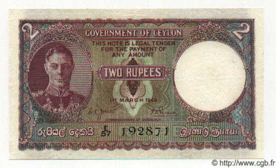 2 Rupees CEYLON  1949 P.35 fVZ