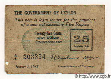 25 Cents CEYLON  1942 P.40 S