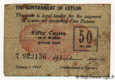 50 Cents CEYLON  1942 P.41 F-