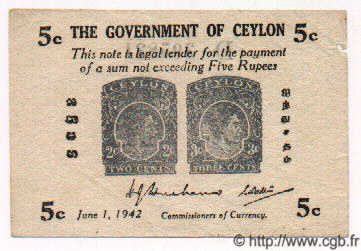 5 Cents CEYLON  1942 P.42a VZ