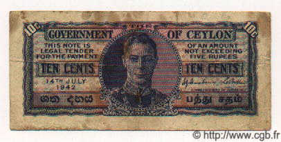 10 Cents CEILáN  1942 P.43a BC+