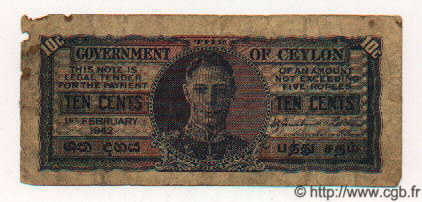 10 Cents CEYLON  1942 P.43a VG