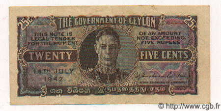 25 Cents CEYLON  1942 P.44a VZ+