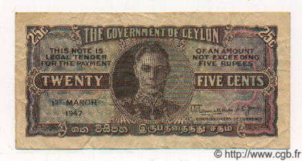 25 Cents CEYLON  1947 P.44b F - VF