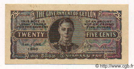 25 Cents CEYLON  1948 P.44b VZ