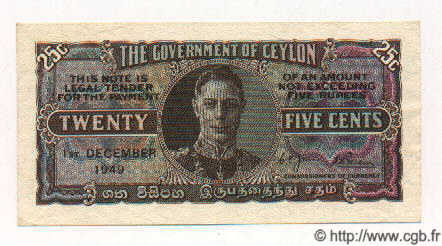 25 Cents CEYLON  1949 P.44b VZ+
