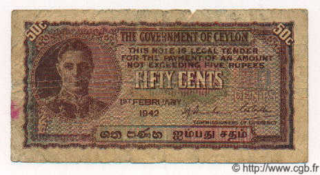 50 Cents CEYLON  1942 P.45a VG