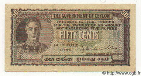 50 Cents CEYLON  1942 P.45a VZ