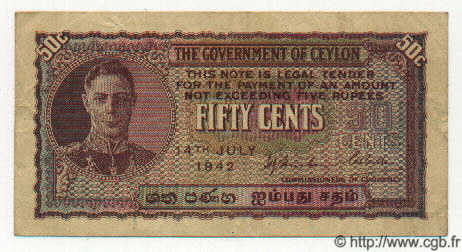 50 Cents CEYLON  1942 P.45a VF