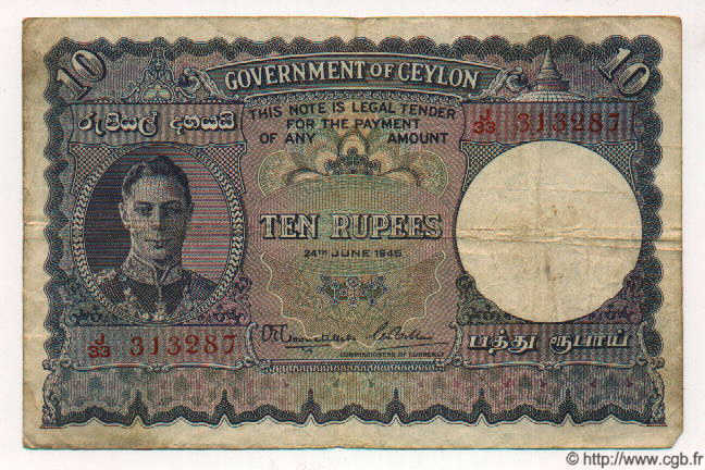10 Rupees CEYLON  1945 P.46 q.MBa MB