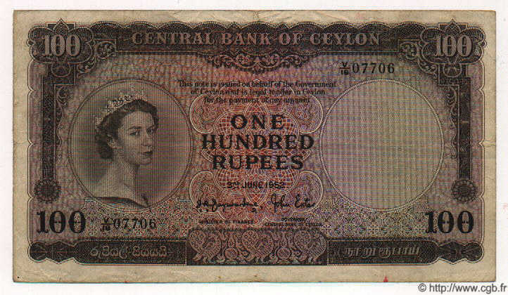 100 Rupees CEYLON  1952 P.53 VF