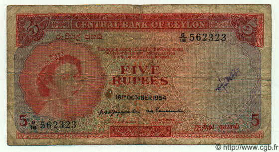 5 Rupees CEYLON  1954 P.54 q.MB