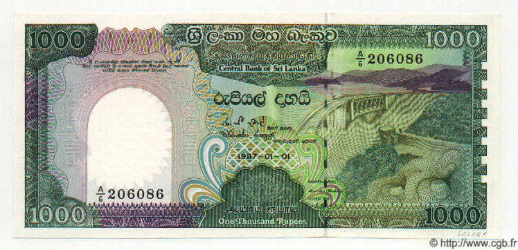 1000 Rupees SRI LANKA  1987 P.101 UNC-