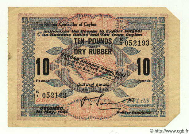 10 Pounds CEYLON  1941 P.- VZ