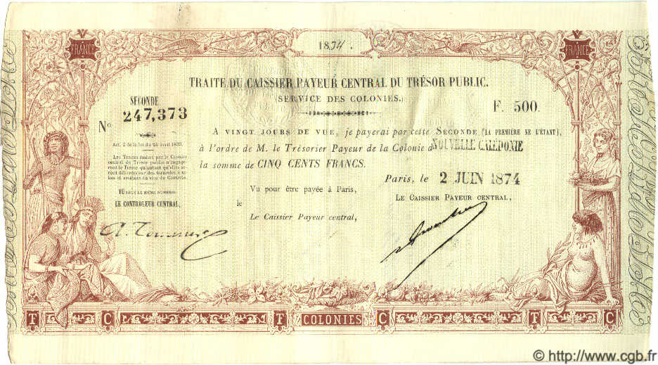 500 Francs NEW CALEDONIA  1874 P.- AU