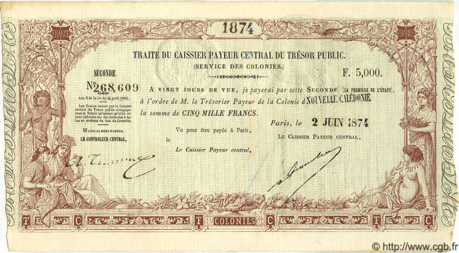 5000 Francs NEW CALEDONIA  1874 P.- XF