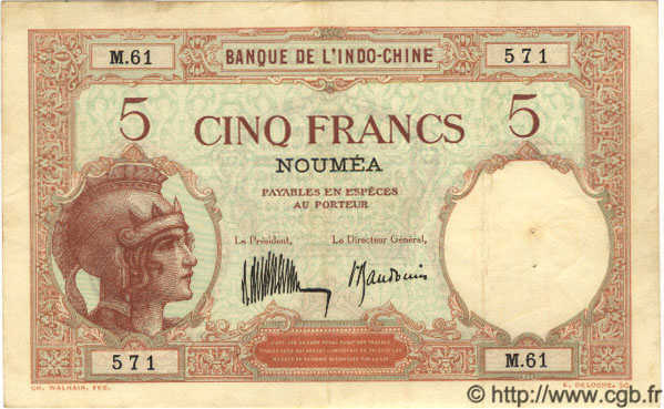 5 Francs NOUVELLE CALÉDONIE  1936 P.36b MBC