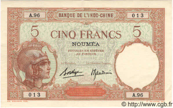 5 Francs NEW CALEDONIA  1940 P.36b UNC-
