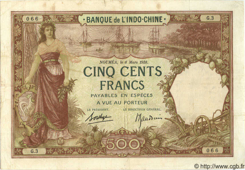 500 Francs NOUVELLE CALÉDONIE  1938 P.38 VF-