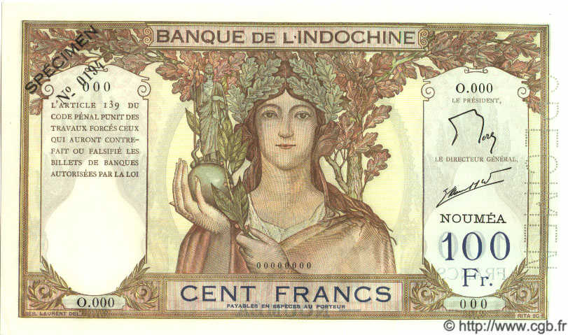 100 Francs Spécimen NOUVELLE CALÉDONIE  1963 P.42es UNC-