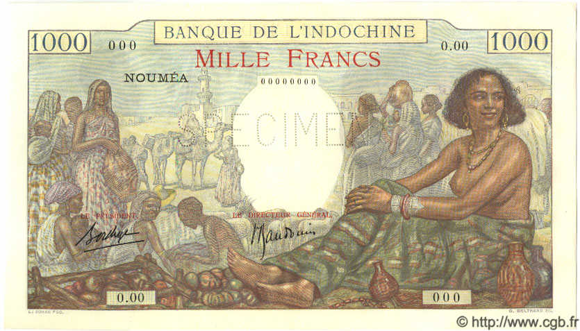 1000 Francs Spécimen NOUVELLE CALÉDONIE  1938 P.43as fST+